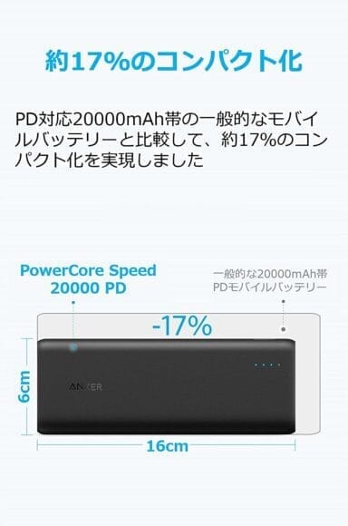 おすすめのモバイルバッテリーAnker「PowerCore Speed 20000 PD」レビュー｜サイズ感も10000mAhクラスのモバイルバッテリーと比べて遜色のないコンパクトさ。