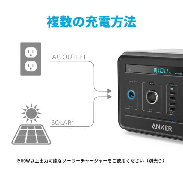 おすすめポータブル電源Anker「PowerHouse」｜充電方法は二通りで、いずれもケーブルを接続するだけなのでカンタン手間なしです。