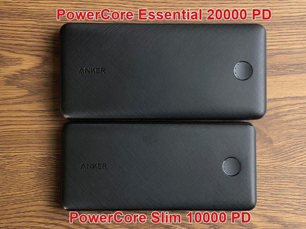 【Anker PowerCore Essential 20000 PDレビュー】USB Type-C搭載＆大容量20000mAhはアンカー史上最軽量！PD急速充電にも対応したモバイルバッテリー｜外観：実際に「PowerCore Slim 10000 PD」と並べると、どちらがどちら一見すると分からないほど。