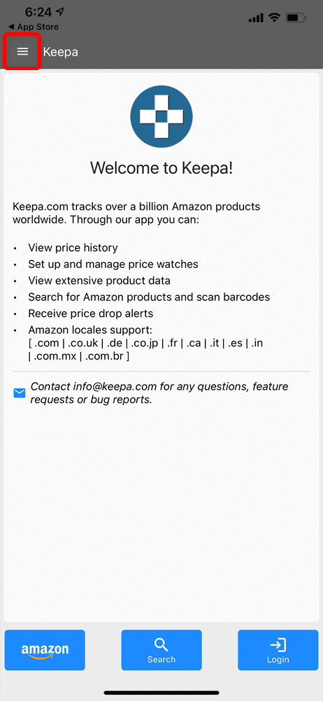 【スマホ版Keepaの使い方】Amazon販売価格を追跡！スマホ版Amazon Price Tracker「Keepa」の使い方｜売値を追跡して購入タイミングを逃さない！｜アプリの設定を行う：Keepaアプリのトップ画面左上にある「三本線マーク」をタップしてメニューを開きます。