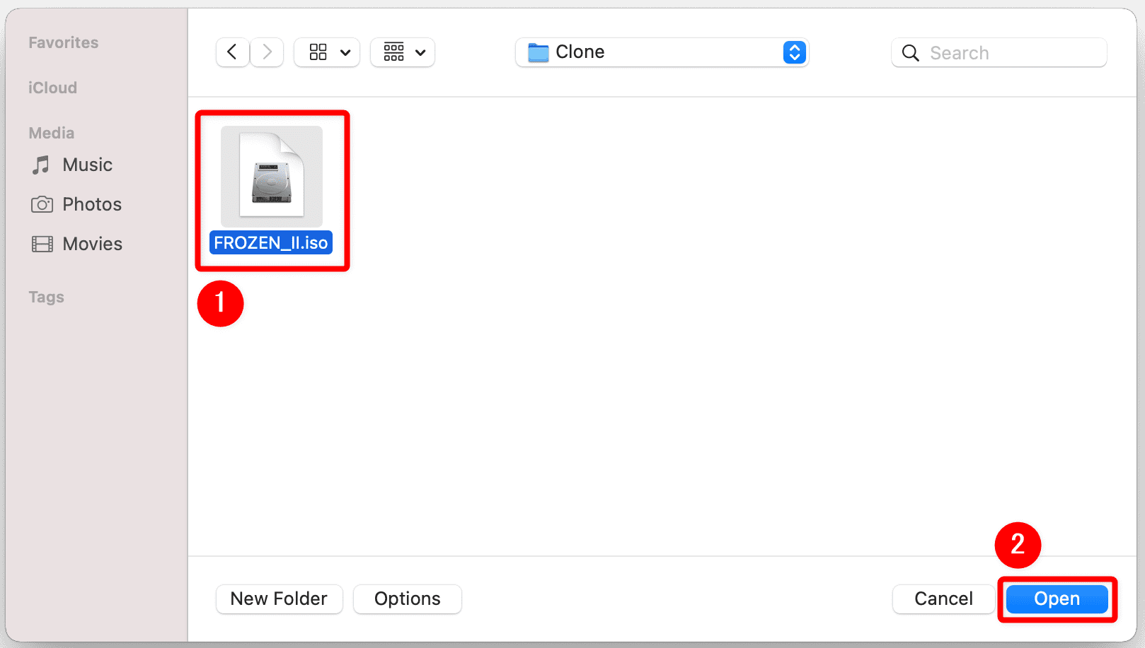 Mac版DVDFab12ブルーレイのコピー方法｜無料でコピーガード解除してMacに取り込む！セル＆レンタル・地上波番組を録画したブルーレイをコピーする方法｜ISOファイルをiPhoneに適した形式に変換する：データを選択する画面が表示されたら、リッピングしたいISOファイルを選択して「Open」をクリックしましょう。