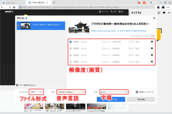 NHKプラスを画面録画する方法｜PCにダウンロードして保存｜NHK+をPCで画面録画する方法（違法ではありません）：解析が終わると画面録画（ダウンロード）する動画コンテンツの詳細を設定する画面が表示されます。