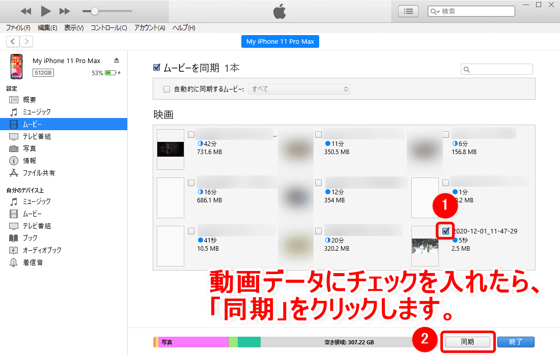 【動画配信サービスのレンタル作品を録画する】アナと雪の女王２で実践！動画配信サービスのレンタル作品を録画する方法｜PC・スマホ・タブレットで観れる！｜録画した動画の視聴方法：あとは動画データを入れたいiPhoneを接続させて、「設定→ムービー」から同期したい動画データにチェックを入れて「同期」ボタンをクリック。同期完了まで待ちましょう。
