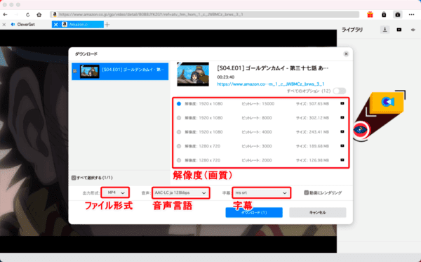 Amazonプライムビデオを画面録画するMac編|動画はPCに永久保存|Macでアマゾンプライムビデオを画面録画する方法:解析が終わると画面録画(ダウンロード)する動画コンテンツの詳細を設定する画面が表示されます。 ここで必要に応じて解像度(画質)・出力形式(ファイル形式)・音声(言語)・字幕を指定しましょう。