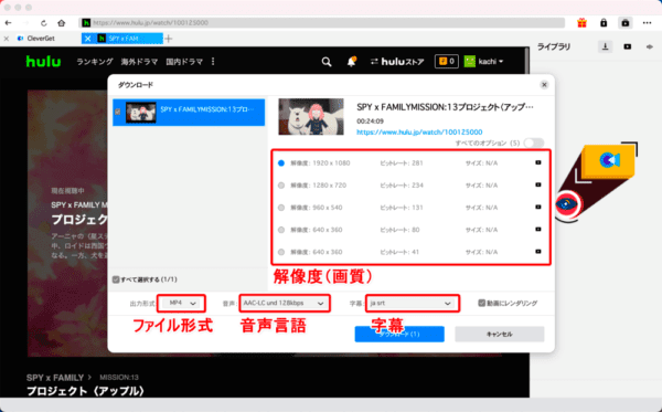 Huluの録画方法Mac編|画面録画禁止の動画を保存する|MacでHuluを録画する方法:解析が終わると画面録画(ダウンロード)する動画コンテンツの詳細を設定する画面が表示されます。 ここで必要に応じて解像度(画質)・出力形式(ファイル形式)・音声(言語)・字幕を指定しましょう。