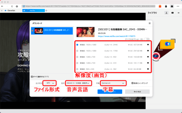 ネットフリックスの録画方法Mac編|動画は永久保存できます|MacでNETFLIXを録画する方法:解析が終わると画面録画(ダウンロード)する動画コンテンツの詳細を設定する画面が表示されます。 ここで必要に応じて解像度(画質)・出力形式(ファイル形式)・音声(言語)・字幕を指定しましょう。