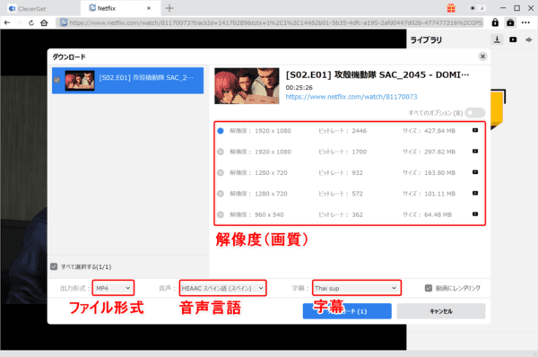 ネットフリックスの録画方法|動画は永久保存できます|ネットフリックスの録画方法:解析が終わると画面録画(ダウンロード)する動画コンテンツの詳細を設定する画面が表示されます。 ここで必要に応じて解像度(画質)・出力形式(ファイル形式)・音声(言語)・字幕を指定しましょう。
