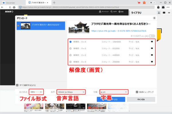 NHKプラスを画面録画する方法|PCにダウンロードして保存|NHK+をPCで画面録画する方法(違法ではありません):解析が終わると画面録画(ダウンロード)する動画コンテンツの詳細を設定する画面が表示されます。